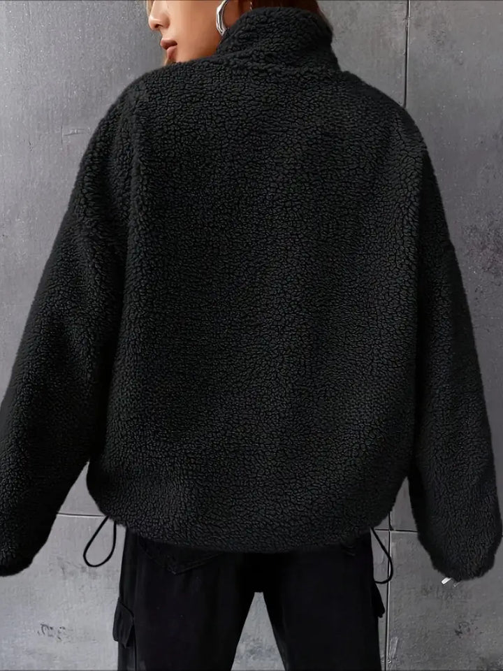 Veste teddy à fermeture éclair, coupe décontractée avec épaules tombantes