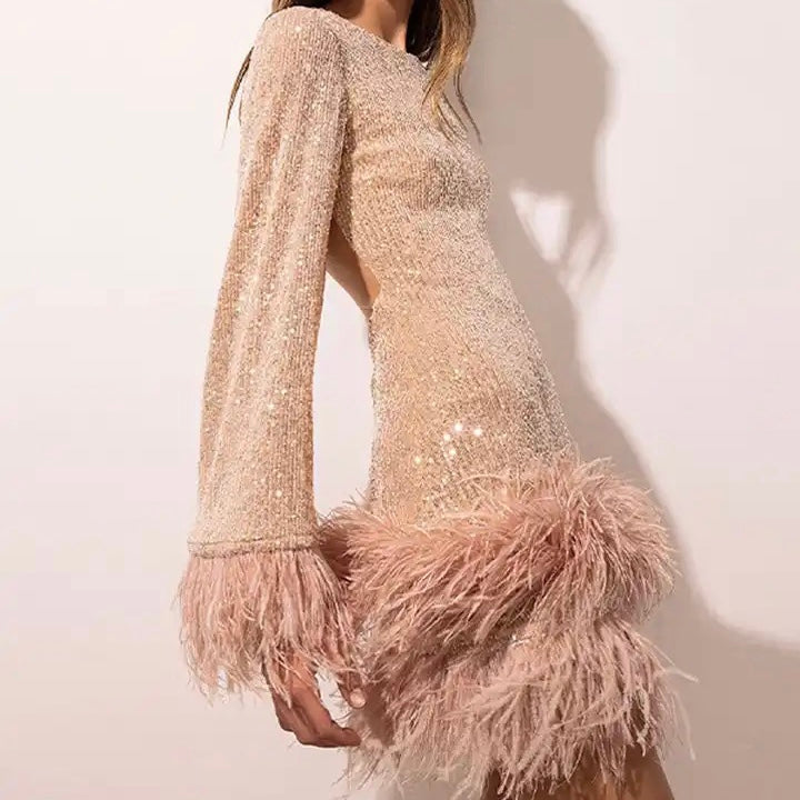 Robe glamour avec paillettes et bordure en plumes