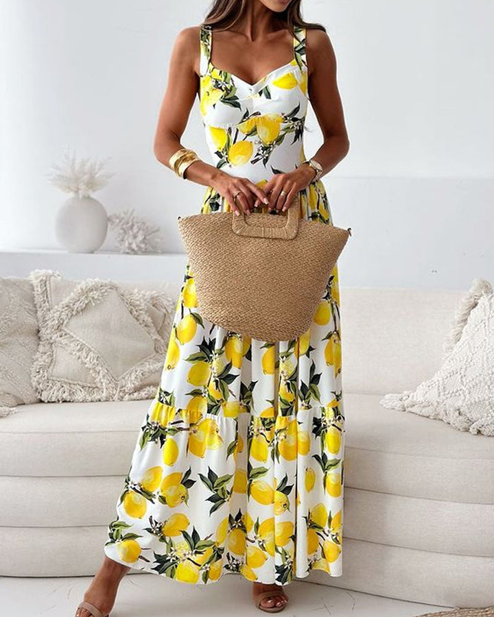 Robe maxi à motif citron et bretelles larges