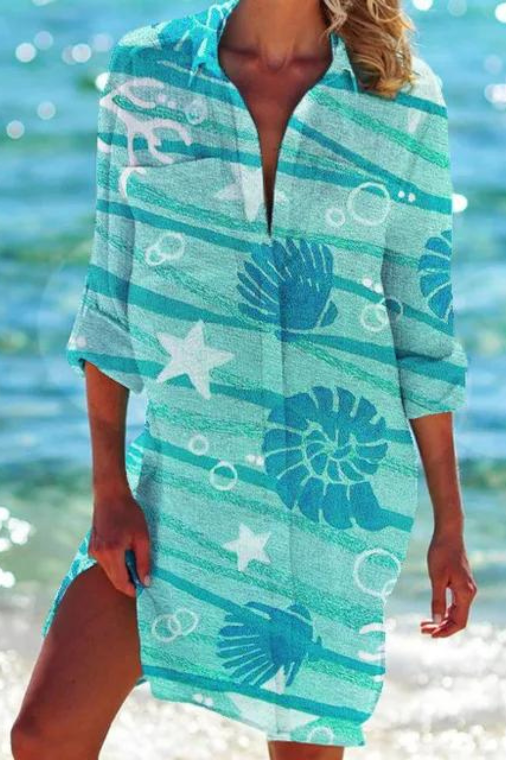 Heidi - Longue blouse de plage avec motif marin