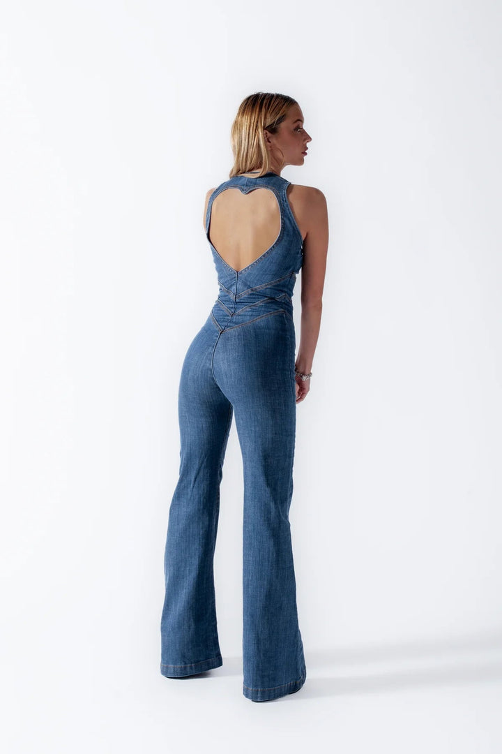 Salopette en denim pour femmes, décolleté en forme de cœur au dos, sans manches, cintrée, combinaison