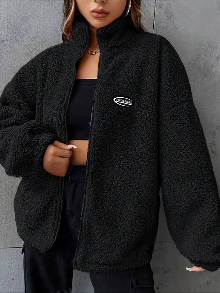 Veste teddy à fermeture éclair, coupe décontractée avec épaules tombantes