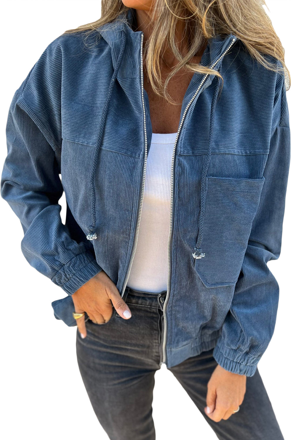 Veste en velours côtelé bleu-vert avec cordon de serrage, capuche et fermeture éclair