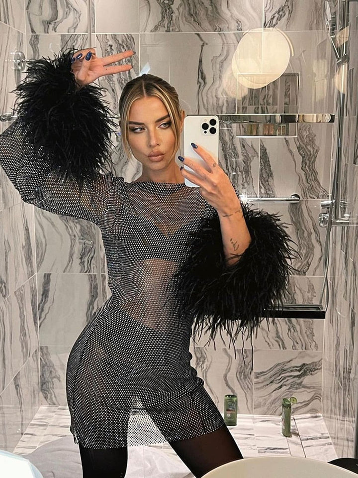 Robe de fête transparente ornée de plumes