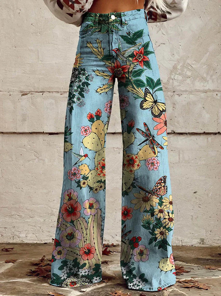 Jeans larges à fleurs