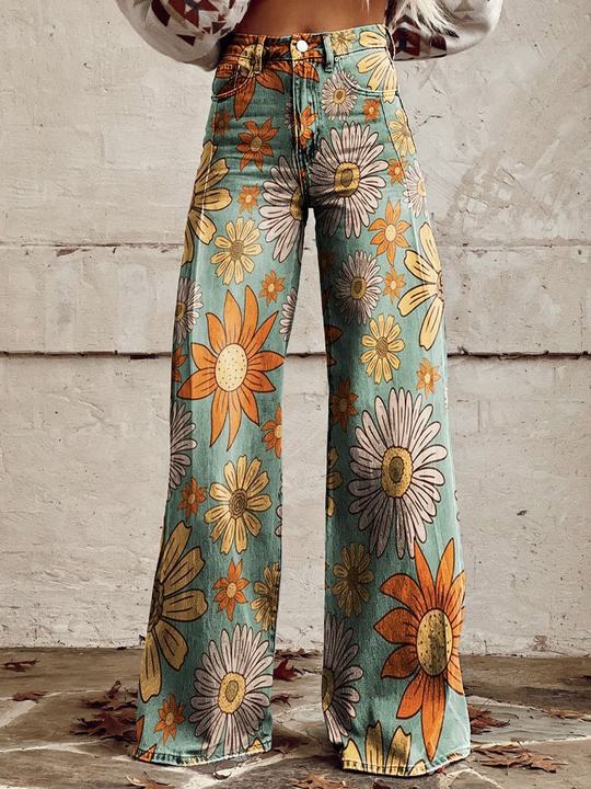 Jeans larges à fleurs