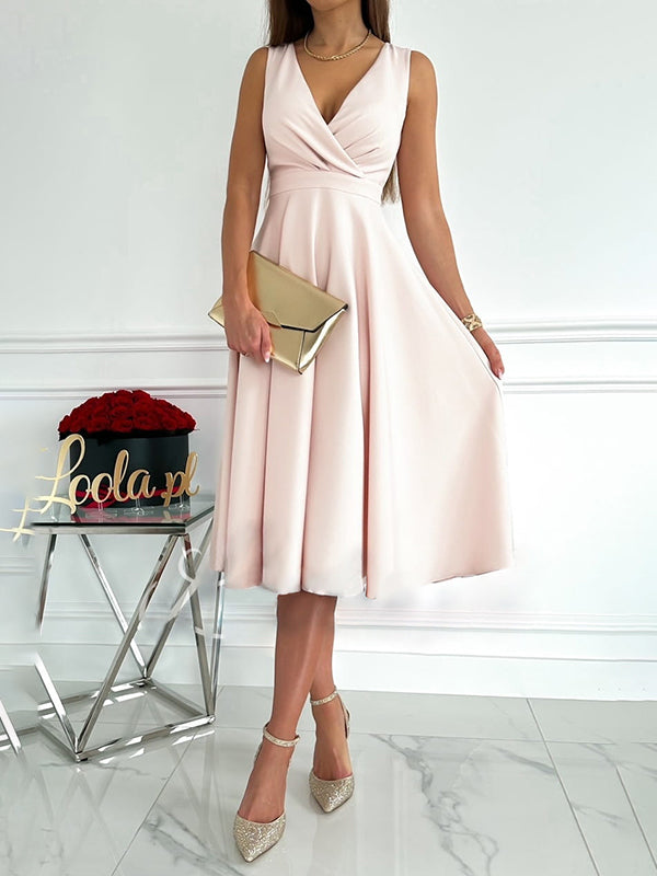 Robe midi en A, fermeture éclair, bretelles, décolleté en V, sans manches, élégante, pour femmes, soirée cocktail