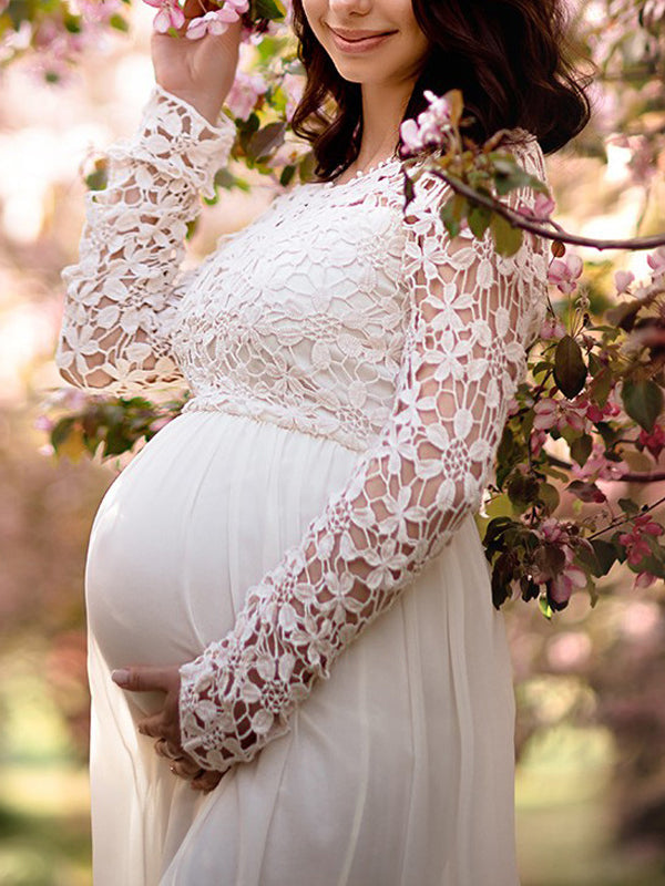 Robe de grossesse, décolletés, dentelle, chiffon, col rond, manches longues, pour femmes, élégante, pour le soir, le bal de fin d'année, enceinte