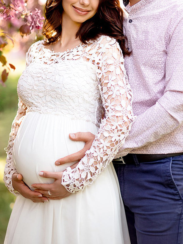 Robe de grossesse, décolletés, dentelle, chiffon, col rond, manches longues, pour femmes, élégante, pour le soir, le bal de fin d'année, enceinte