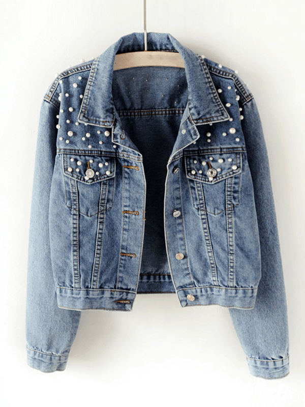 Veste en jean, poches à boutons, ornements en strass et perles, col à revers, manches longues, mode féminine, décontractée, surdimensionnée, casual