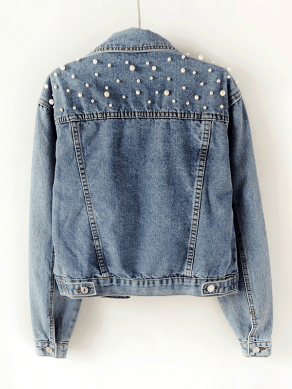 Veste en jean, poches à boutons, ornements en strass et perles, col à revers, manches longues, mode féminine, décontractée, surdimensionnée, casual