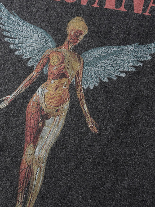 T-shirt lavé et effet usé avec imprimé de groupe de rock et manches courtes