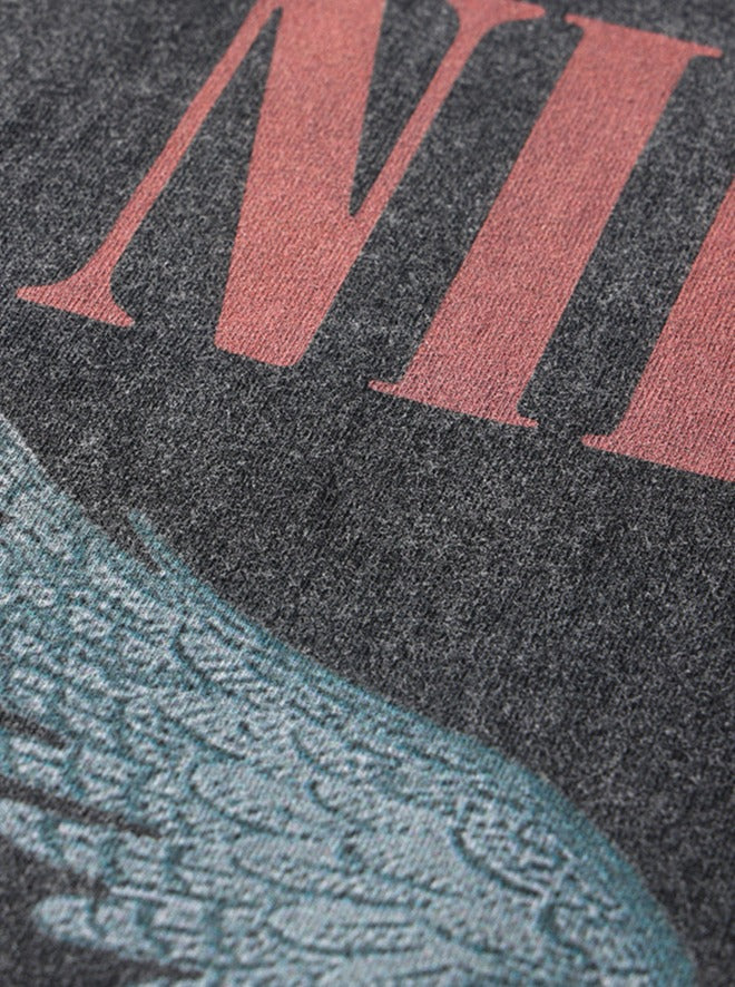 T-shirt lavé et effet usé avec imprimé de groupe de rock et manches courtes