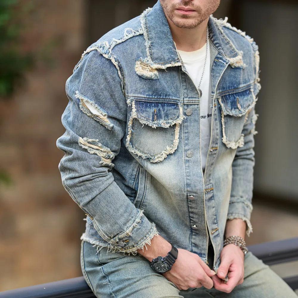 Veste en Jean Slim Déchirée pour Homme Décontractée à Manches Longues Rétro