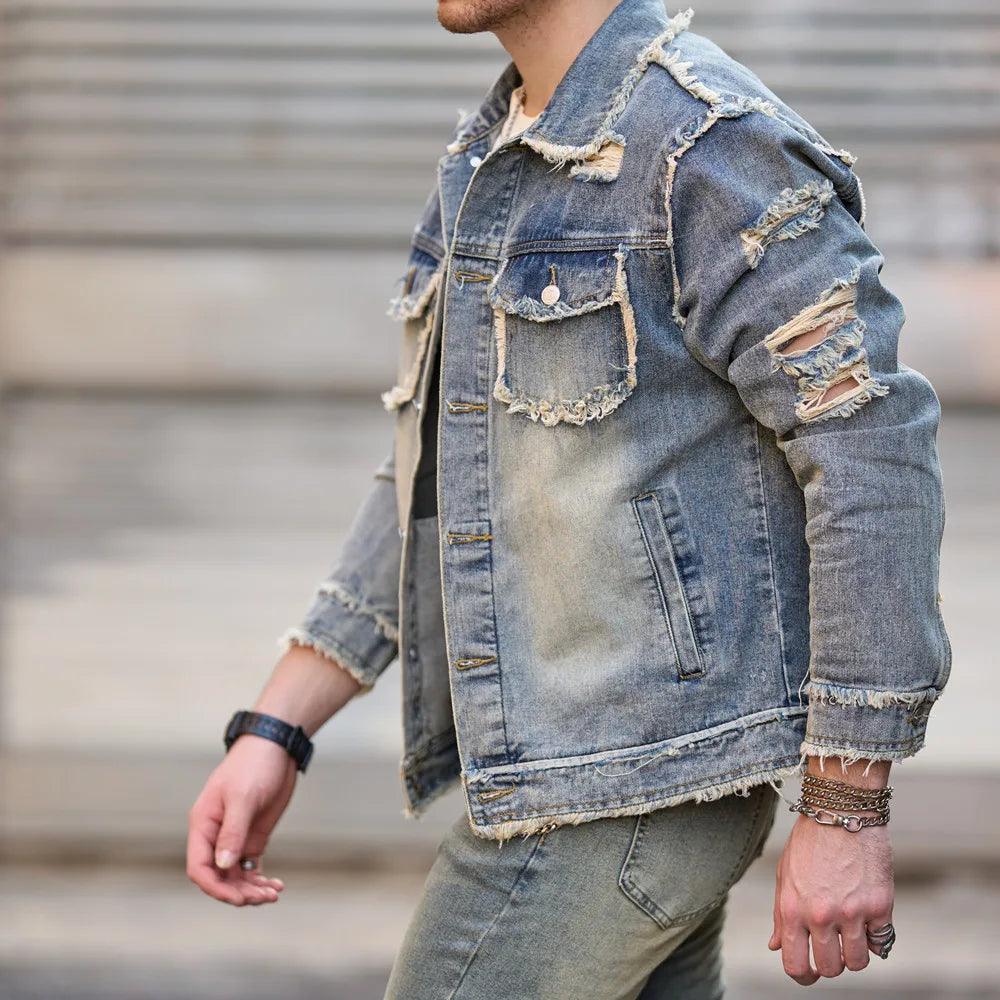 Veste en Jean Slim Déchirée pour Homme Décontractée à Manches Longues Rétro