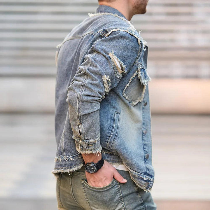 Veste en Jean Slim Déchirée pour Homme Décontractée à Manches Longues Rétro