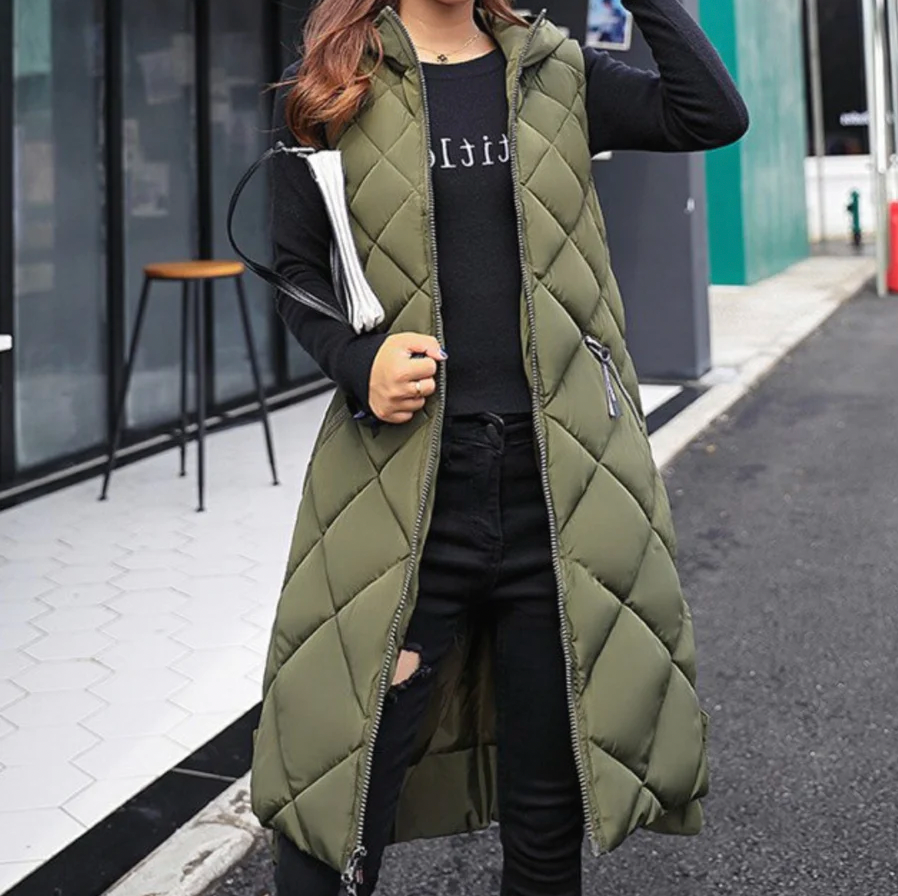 Gilet | Gilet long style doudoune avec capuche pour femmes