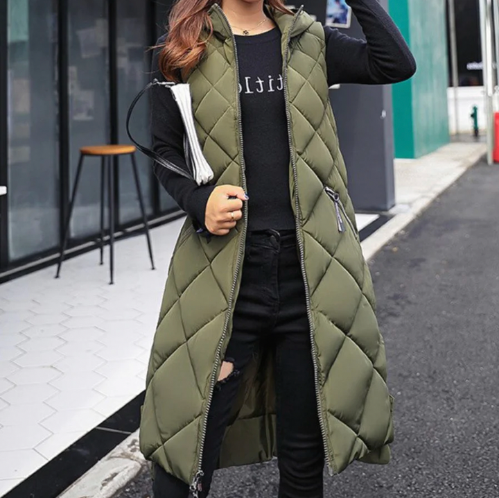 Gilet | Gilet long style doudoune avec capuche pour femmes