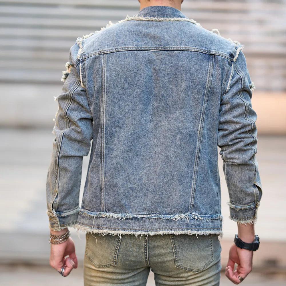 Veste en Jean Slim Déchirée pour Homme Décontractée à Manches Longues Rétro