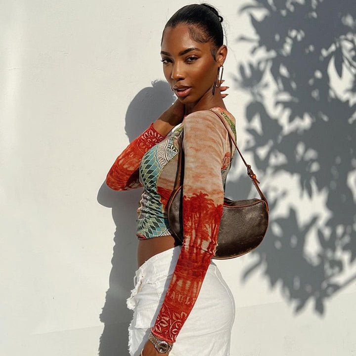 Top en mesh à manches longues avec imprimé tatouage