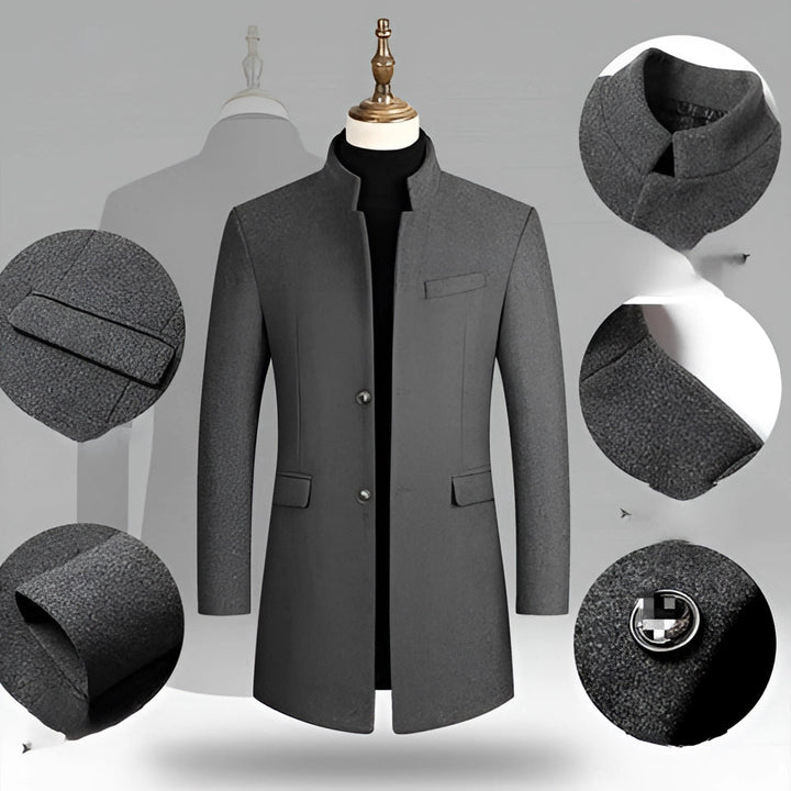 Manteau en Laine pour Homme Gris Designer Manteau d'Hiver avec Écharpe et Col Montant