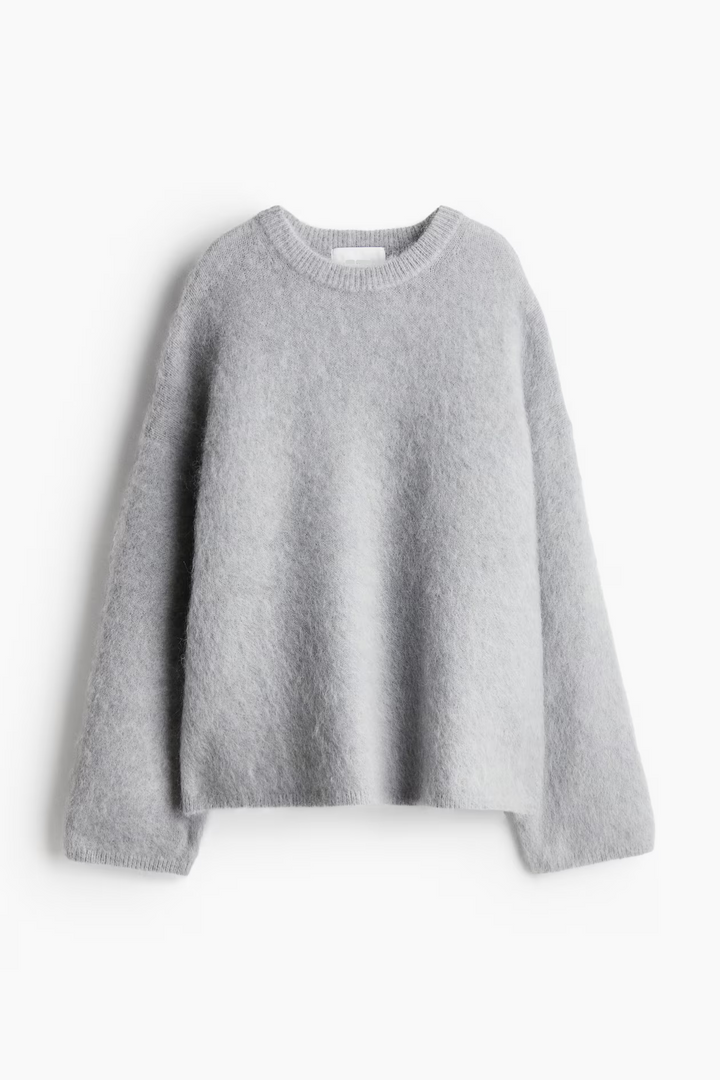 Pull Femme Col Rond Mélange Mohair Crème Gris Coupe Ample