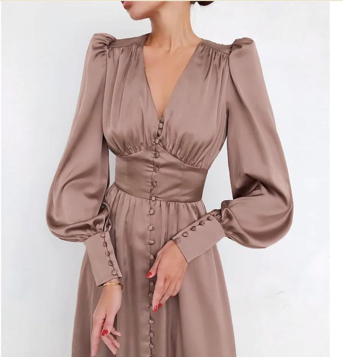 Robe de fête élégante avec décolleté en V et manches bouffantes pour femmes