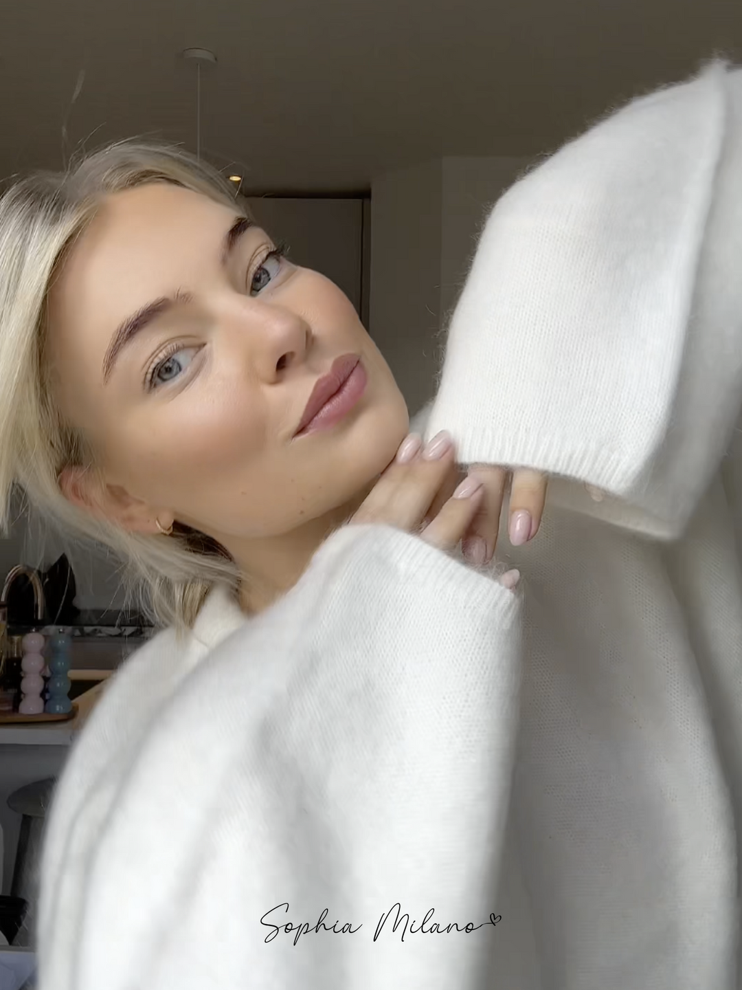 Pull Femme Col Rond Mélange Mohair Crème Gris Coupe Ample