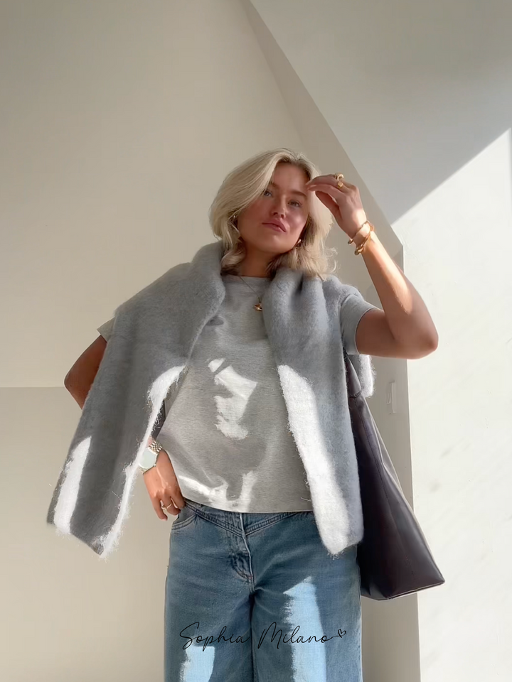 Pull Femme Col Rond Mélange Mohair Crème Gris Coupe Ample