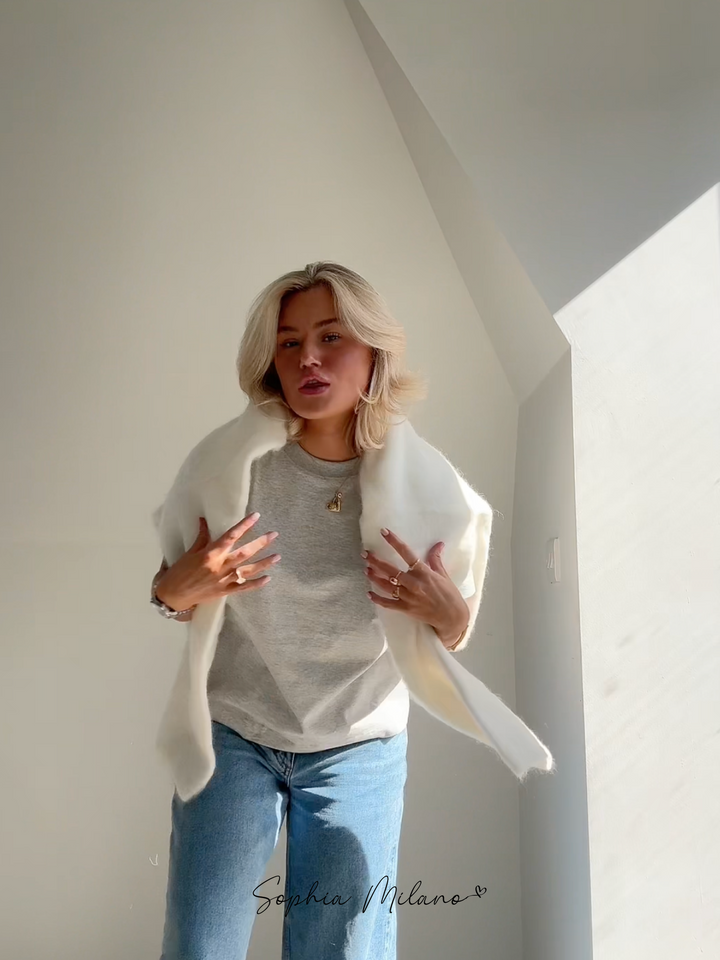 Pull Femme Col Rond Mélange Mohair Crème Gris Coupe Ample