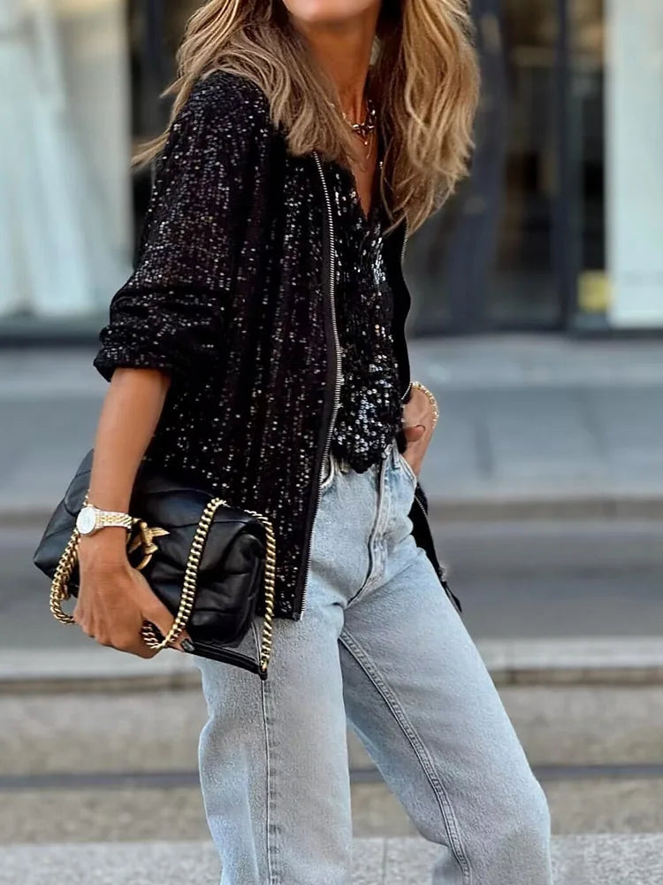 Veste de loungewear avec col O et sequins - Veste élégante pour femmes