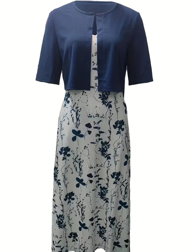 ensemble de robe à fleurs élégant en deux parties avec crop-top uni et robe à encolure ronde