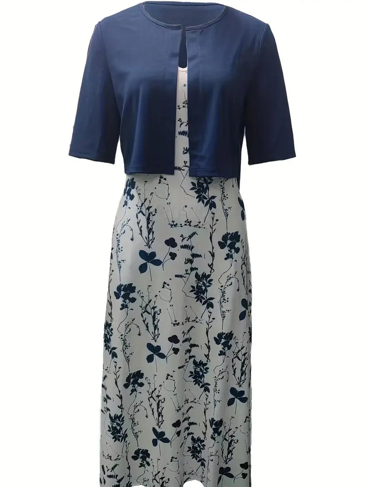 ensemble de robe à fleurs élégant en deux parties avec crop-top uni et robe à encolure ronde