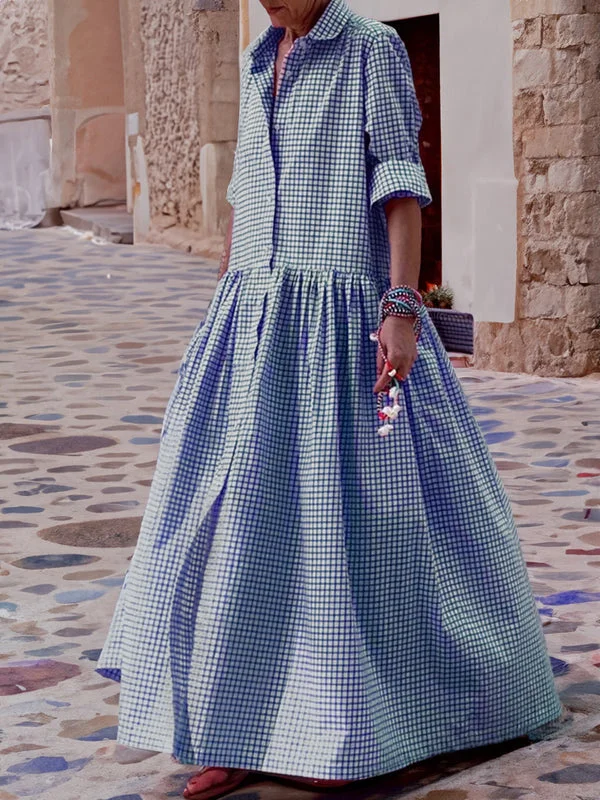 Chemise décontractée à manches longues en coton, à carreaux, robe swing