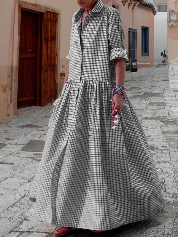 Chemise décontractée à manches longues en coton, à carreaux, robe swing