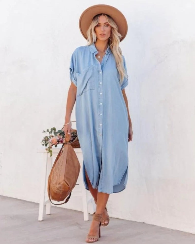 Robe chemise à manches courtes en denim