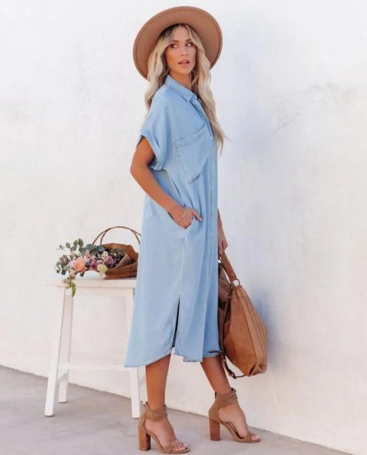 Robe chemise à manches courtes en denim