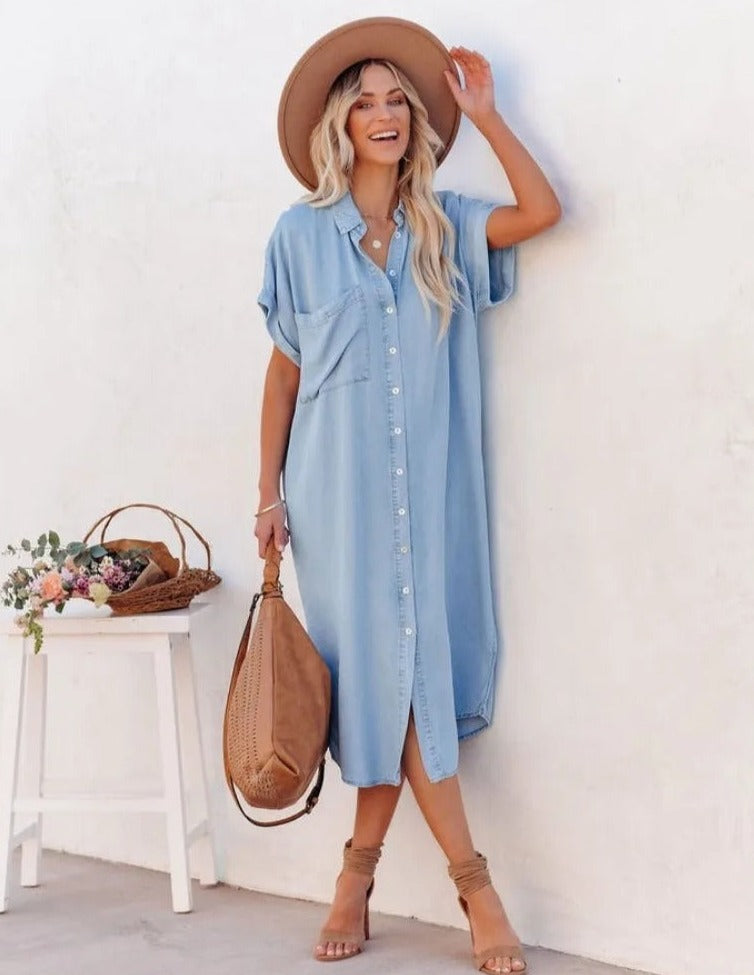 Robe chemise à manches courtes en denim